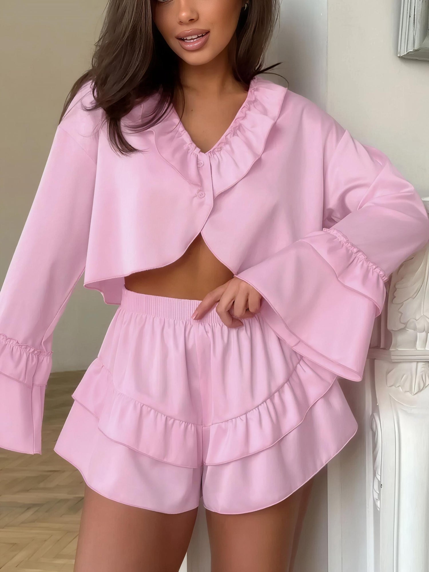 Ruffled V-Neck Top and Shorts Set