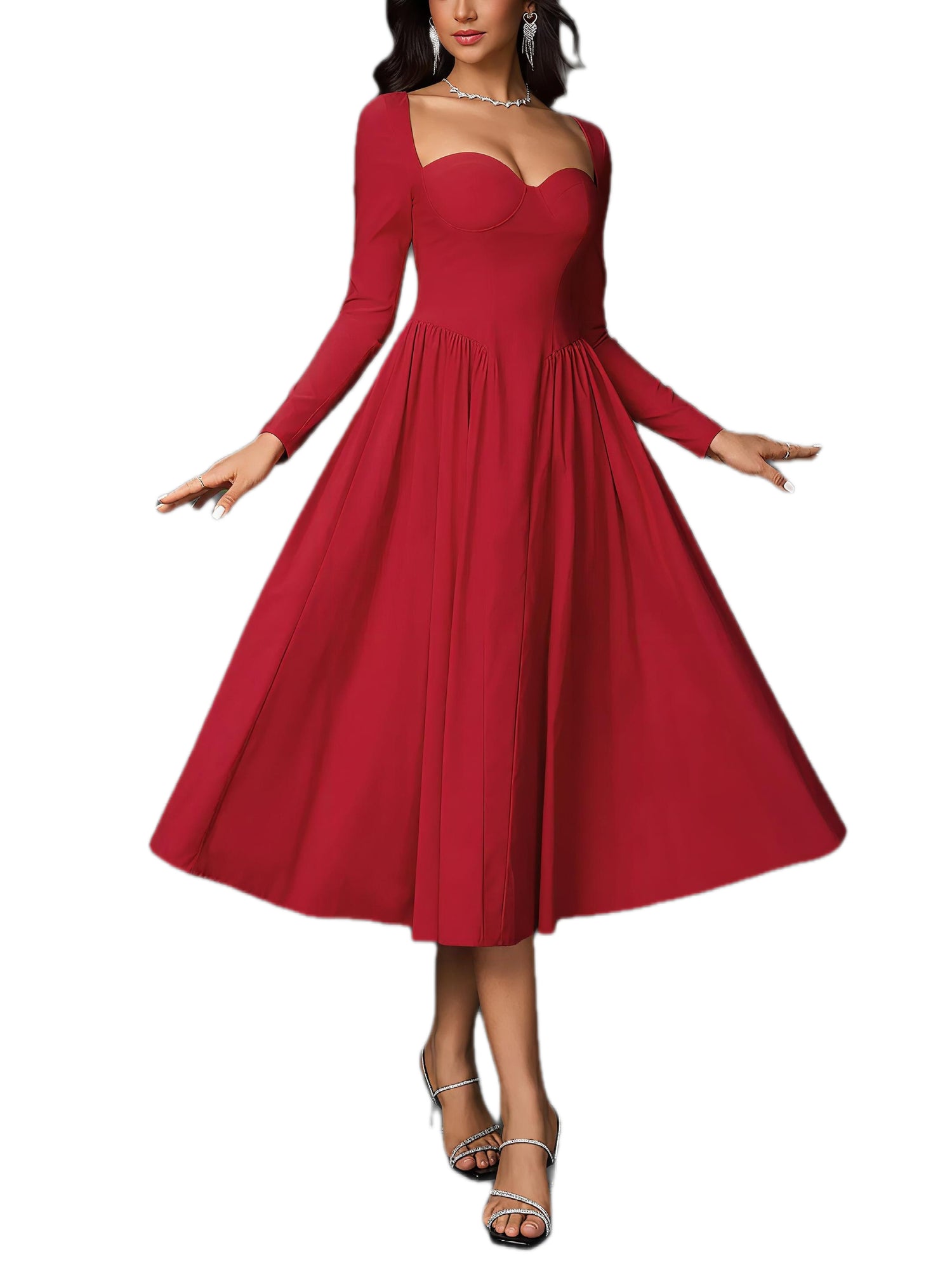 Sweetheart Neckline Long Sleeve A-Line Midi Dress