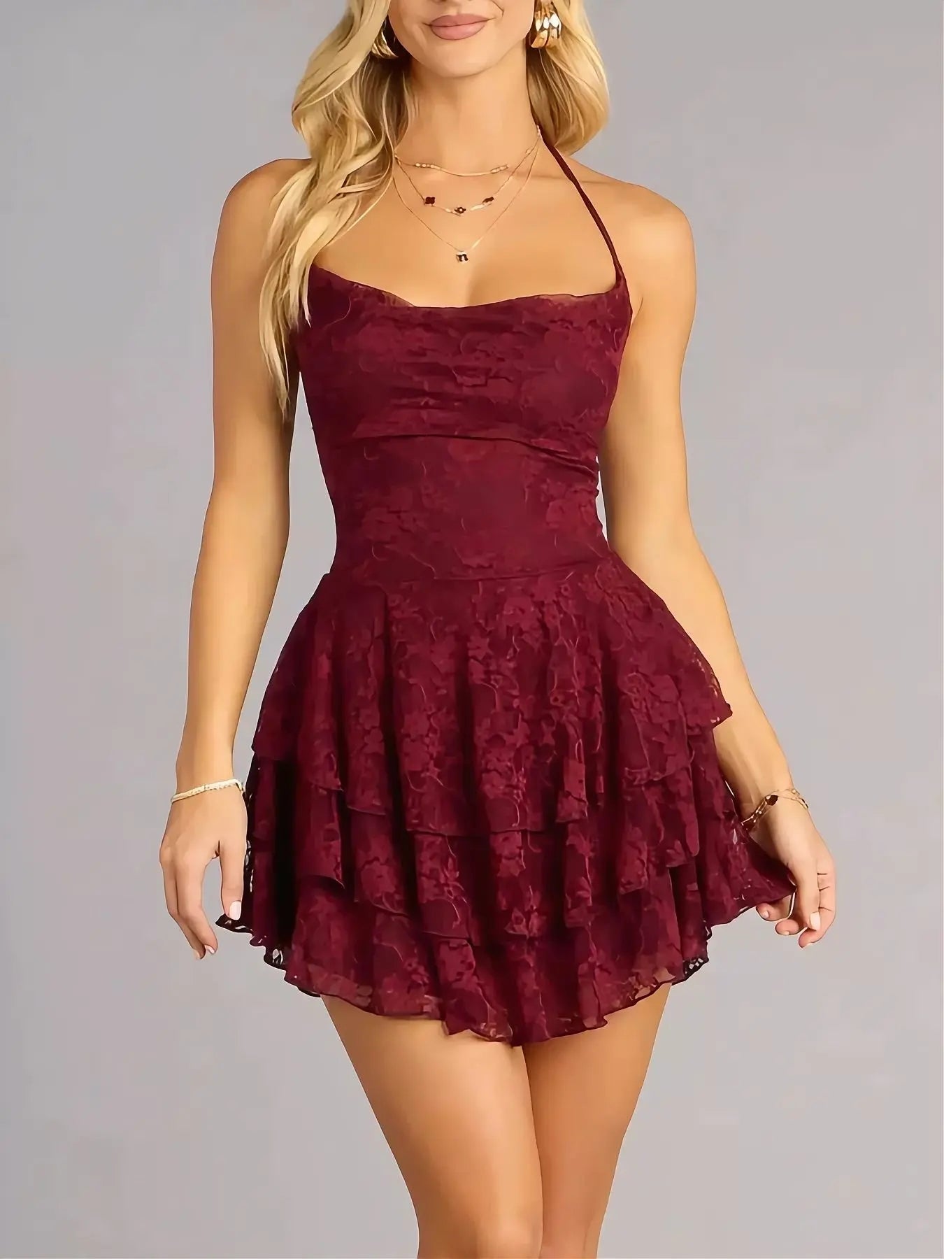Lace Ruffle Halter Neck Mini Dress