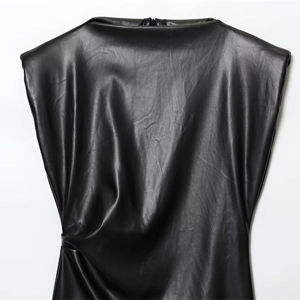 Leather Padded Shoulder Short Dress