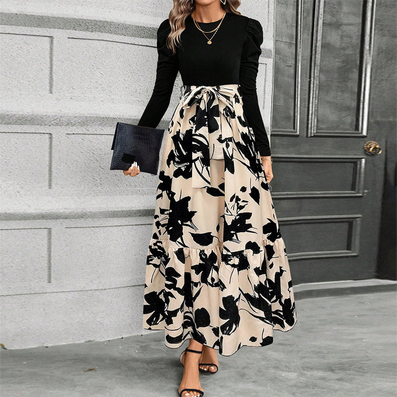 Print & Pleated Maxi Dress With Waist Bow