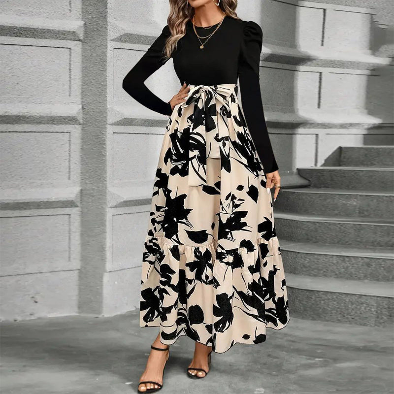 Print & Pleated Maxi Dress With Waist Bow