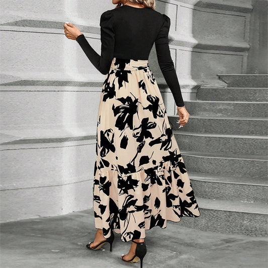 Print & Pleated Maxi Dress With Waist Bow