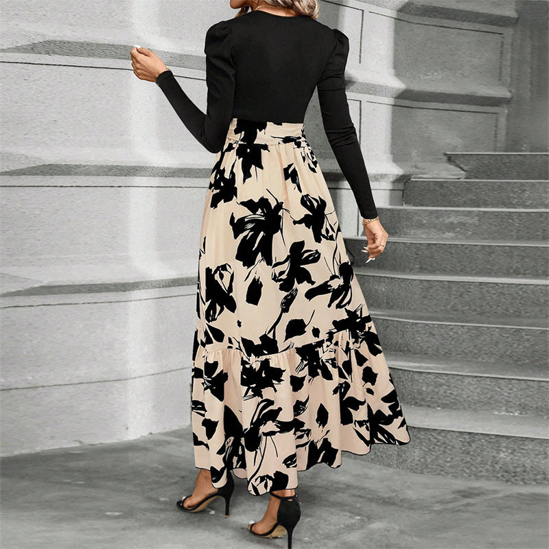 Print & Pleated Maxi Dress With Waist Bow