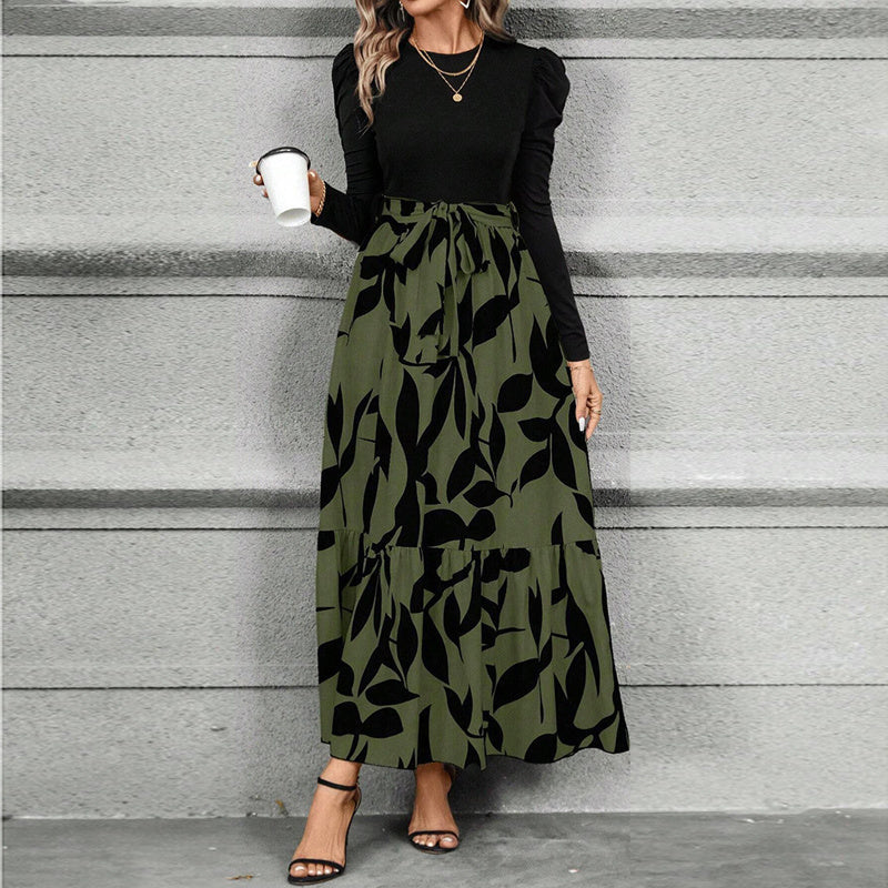 Print & Pleated Maxi Dress With Waist Bow
