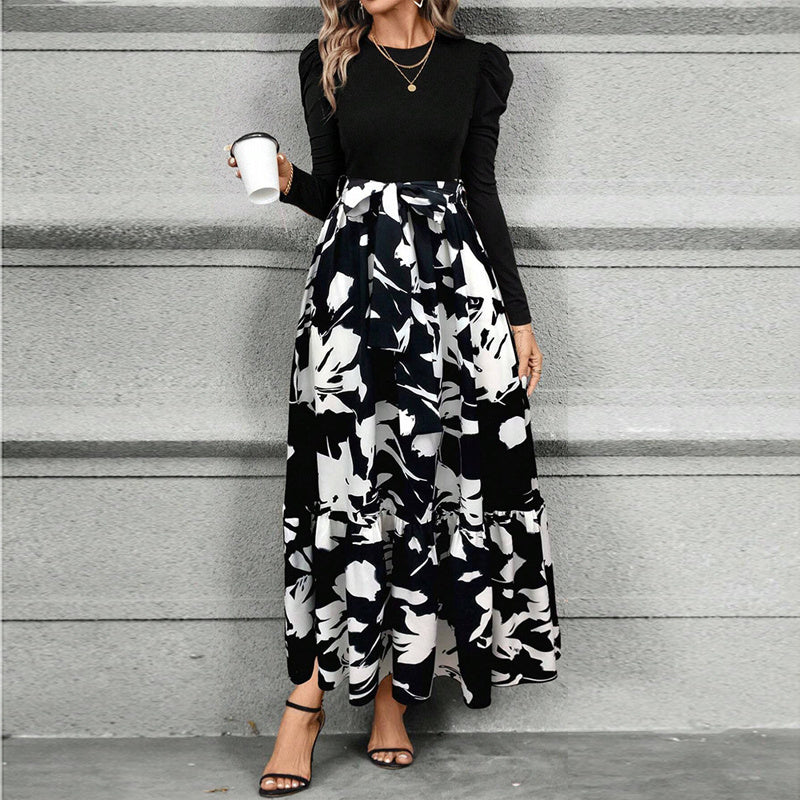 Print & Pleated Maxi Dress With Waist Bow