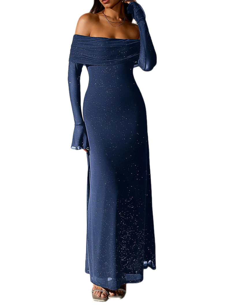 Glitter Off-Shoulder Maxi Dress