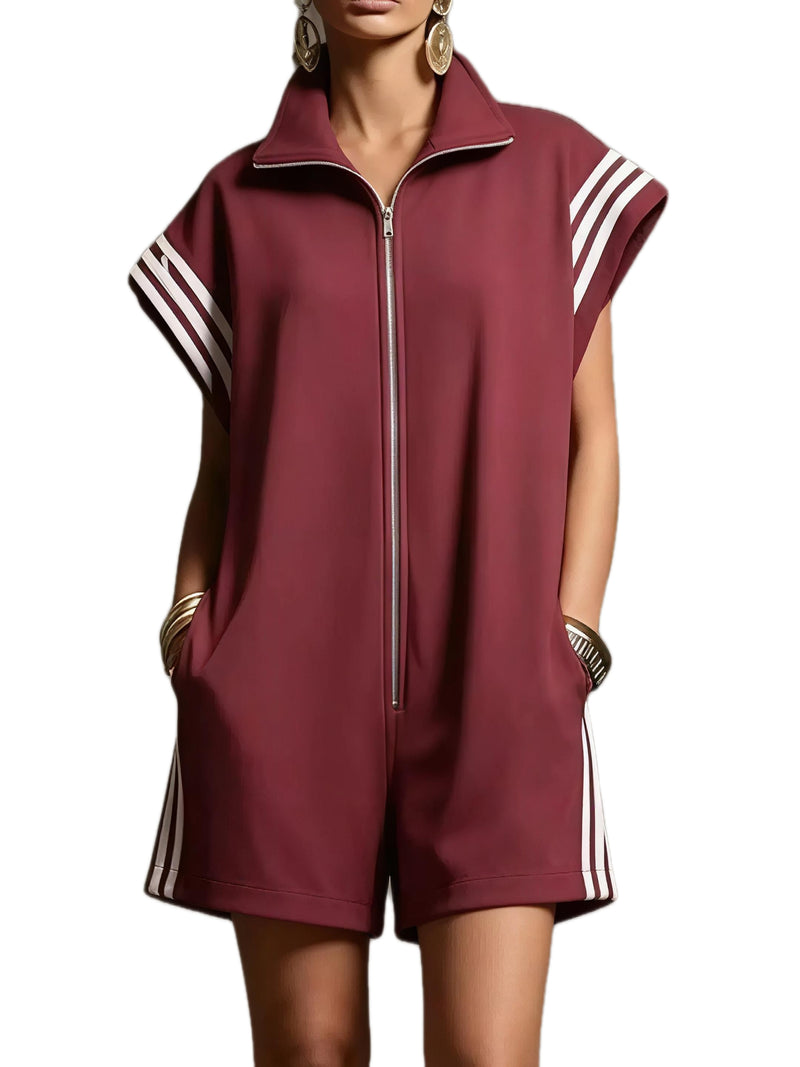 Striped Zip Front Short Sleeve Romper