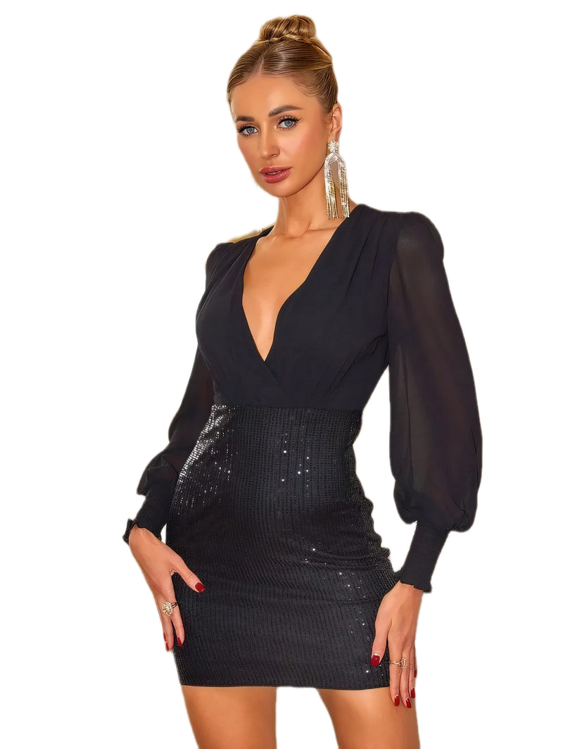 Sequin Surplice Lantern Sleeve Mini Dress