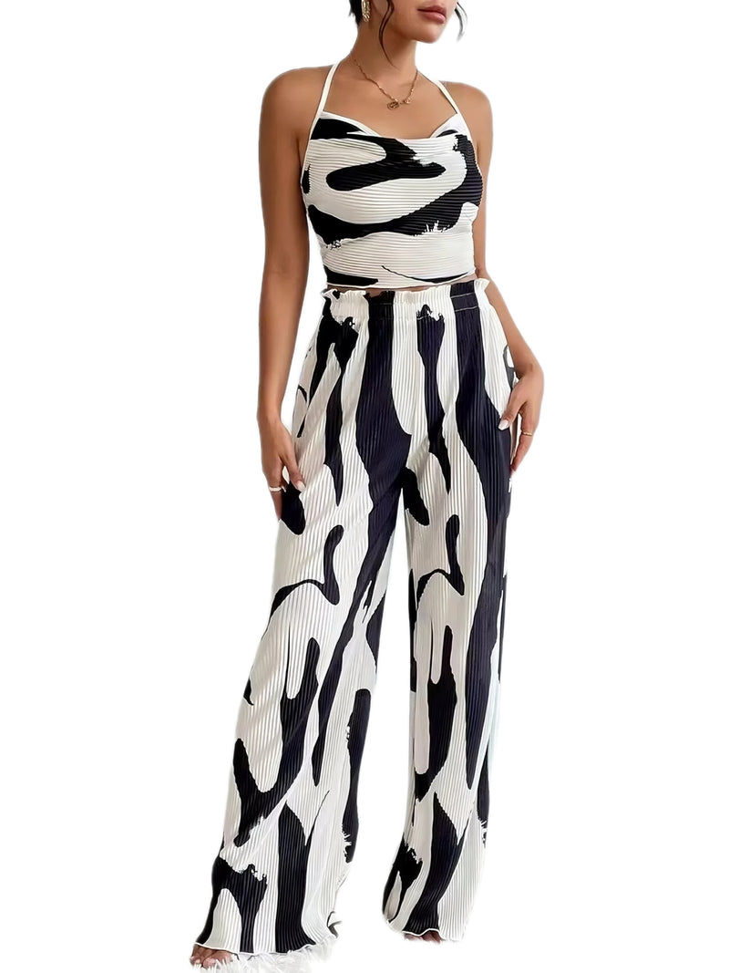 Abstract Print Wide Leg Pants Set