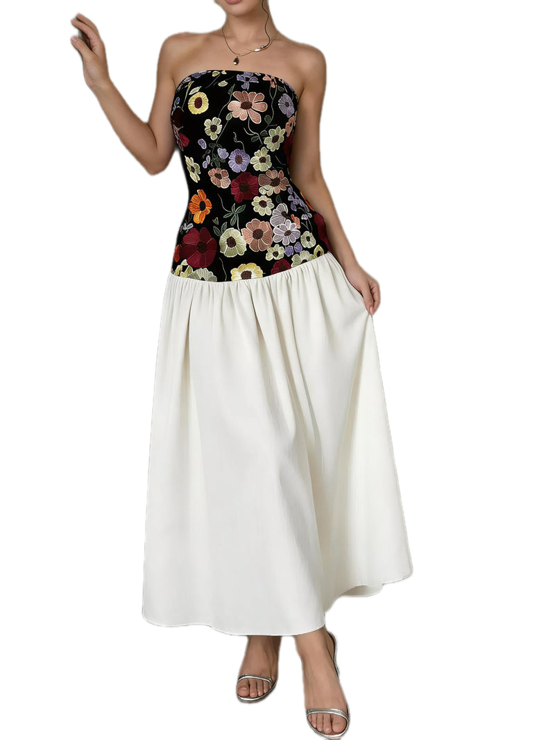 Floral Embroidered Tube Maxi Dress