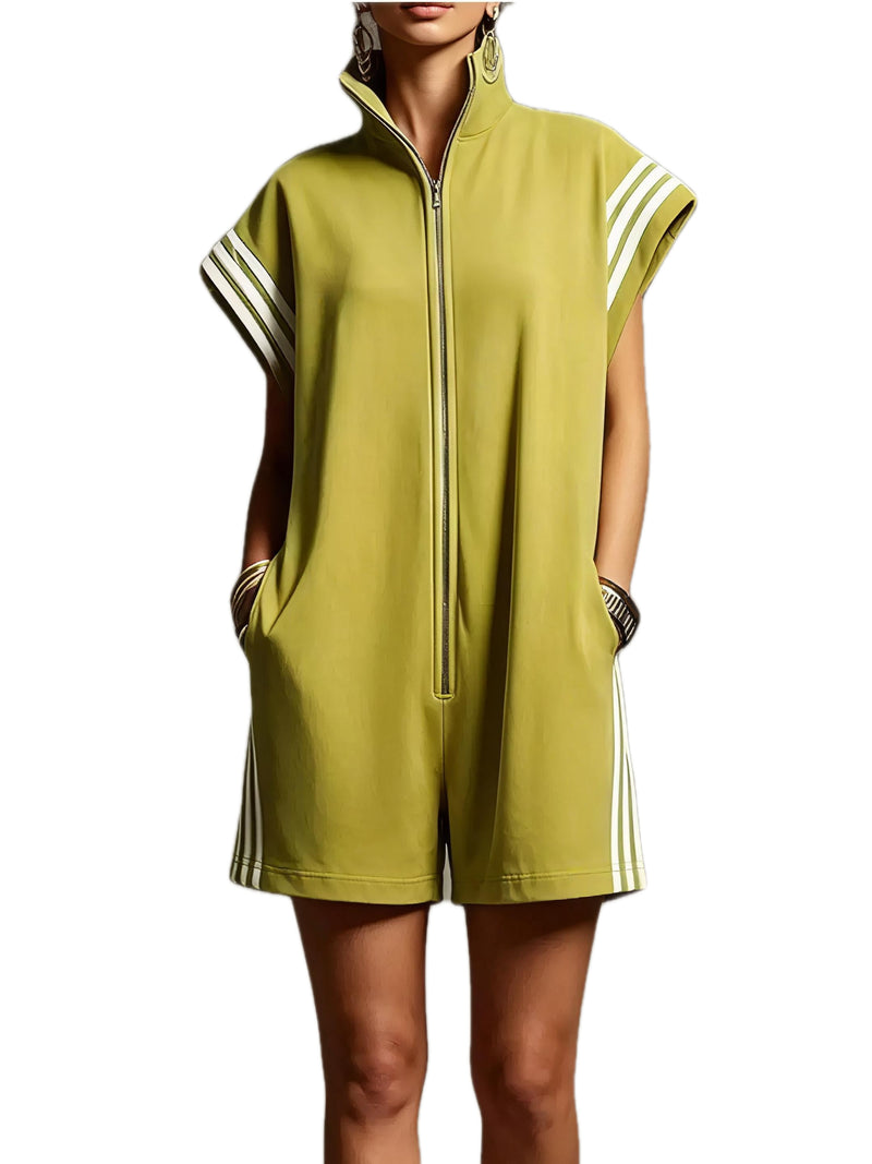 Striped Zip Front Short Sleeve Romper