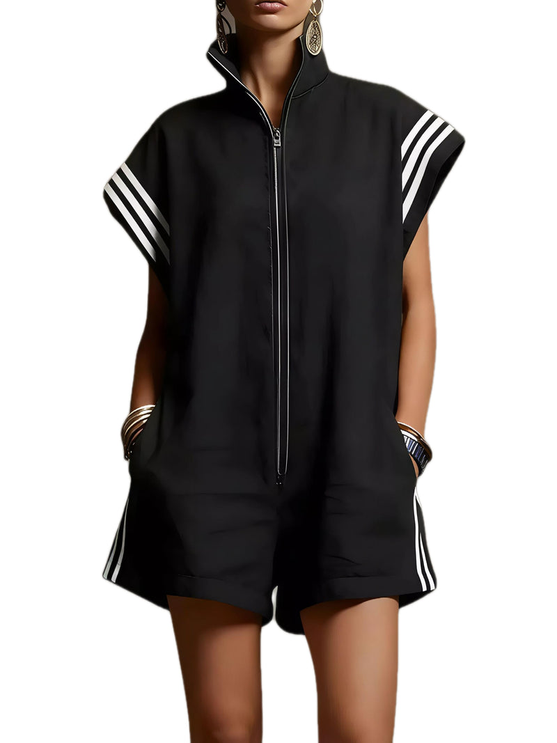 Striped Zip Front Short Sleeve Romper