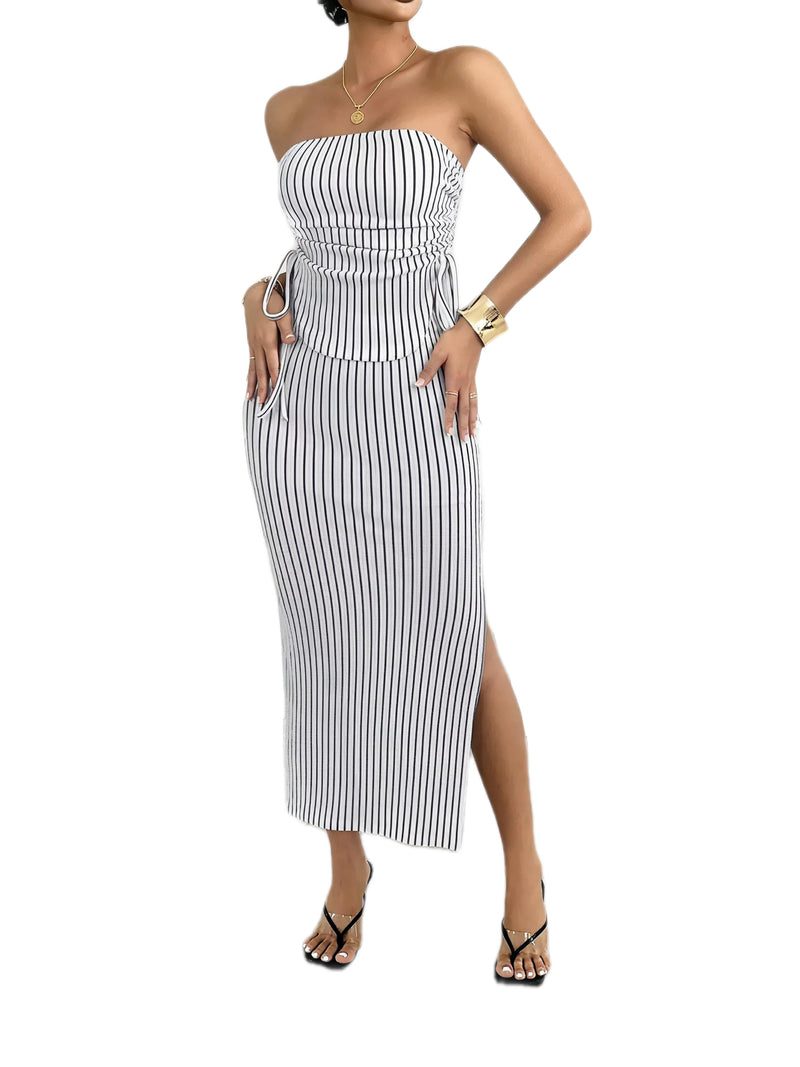 Striped Tube Top and Slit Skirt Set