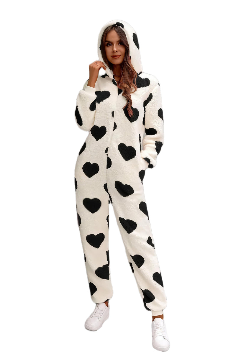 Fuzzy Heart Zip Up Hooded Lounge Jumpsuit