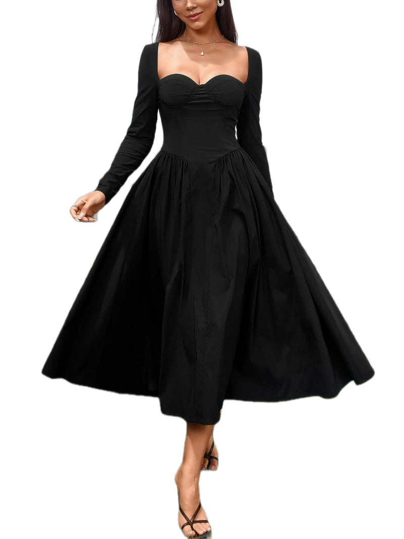 Sweetheart Neckline Long Sleeve A-Line Midi Dress