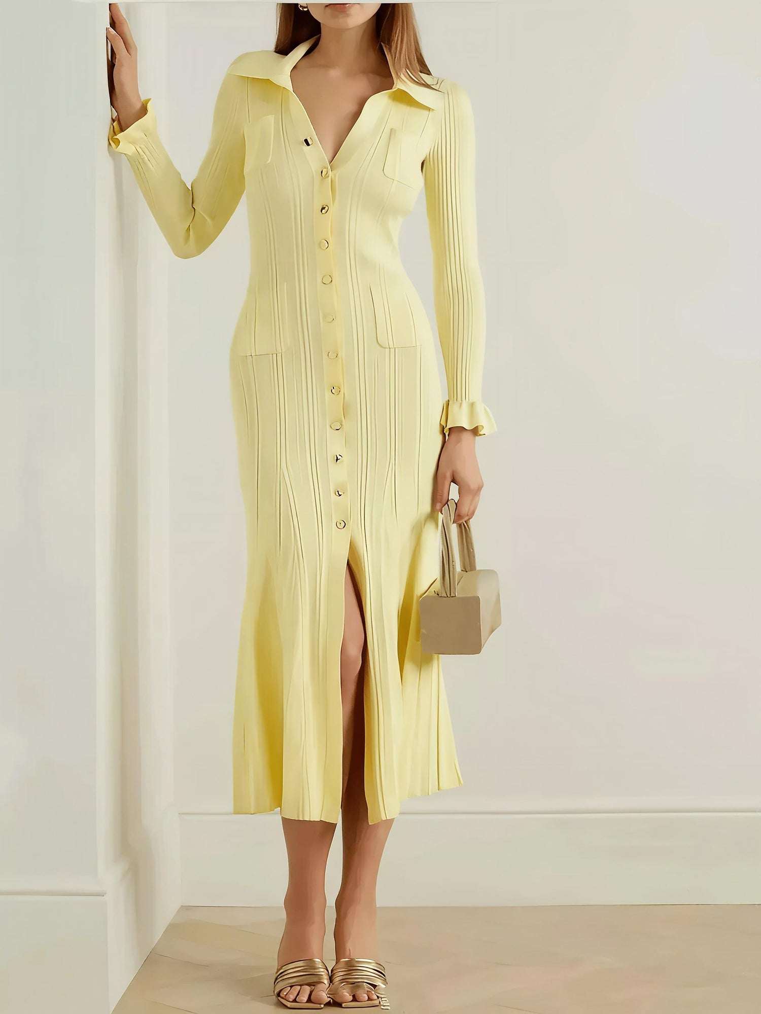 Button-Down Flounce Sleeve Sweater Dress