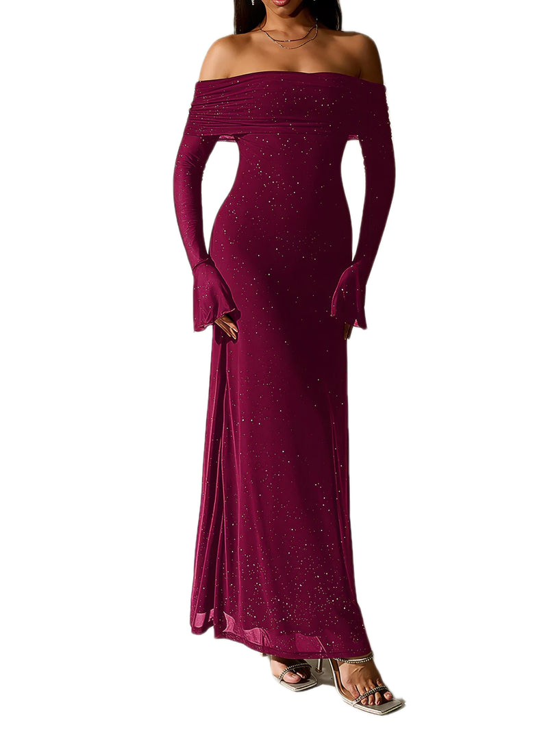 Glitter Off-Shoulder Maxi Dress