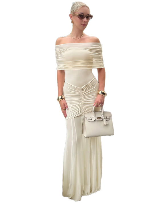 Off-Shoulder Pleated Mesh Dress
