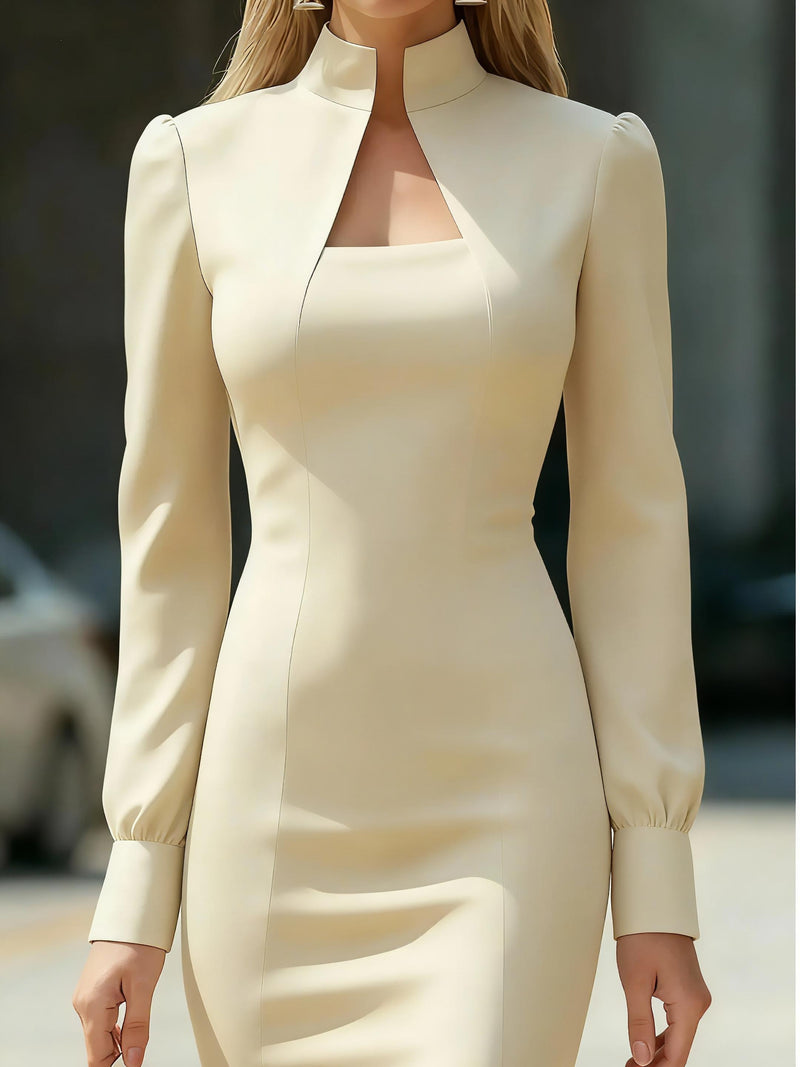 Slit High Neck Long Sleeve Dress