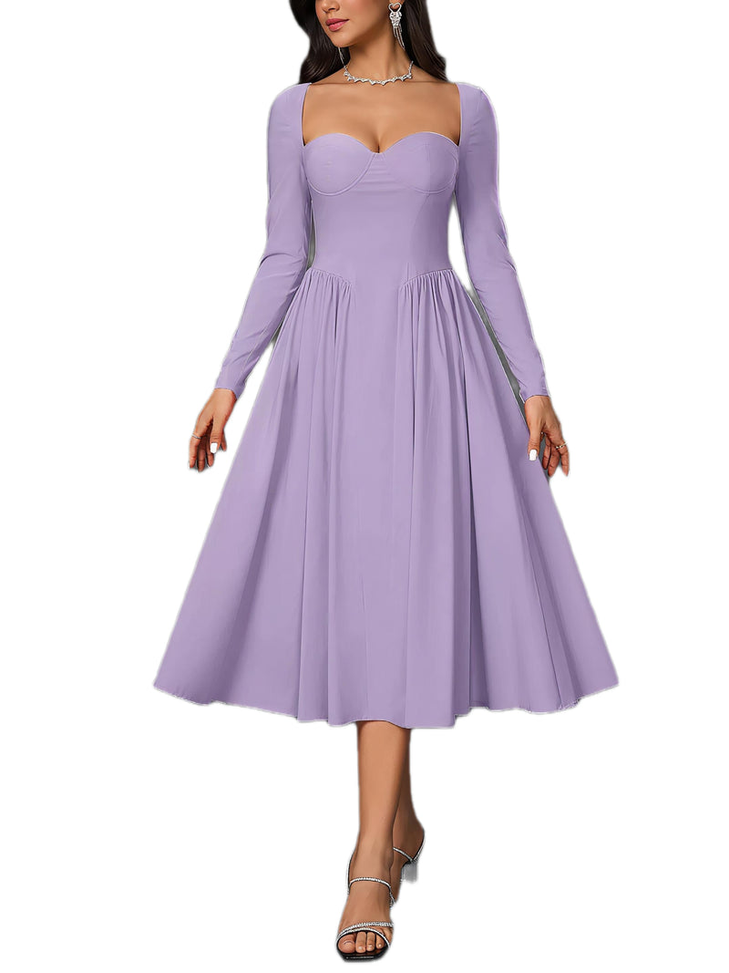 Sweetheart Neckline Long Sleeve A-Line Midi Dress