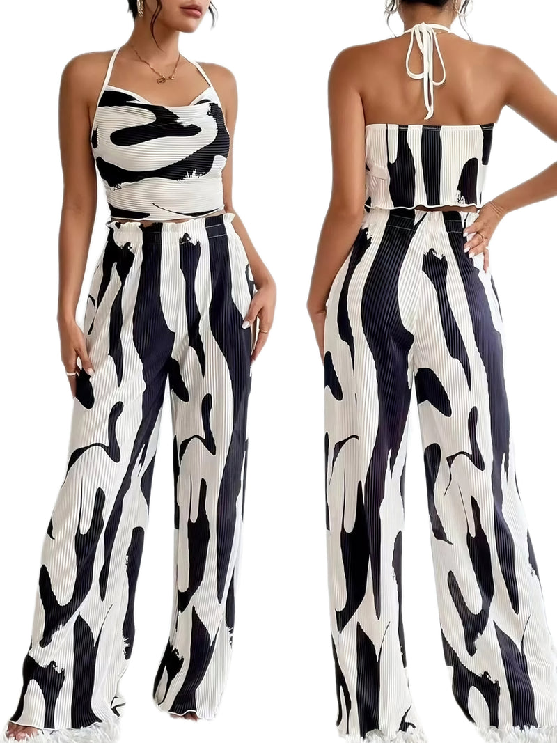Abstract Print Wide Leg Pants Set