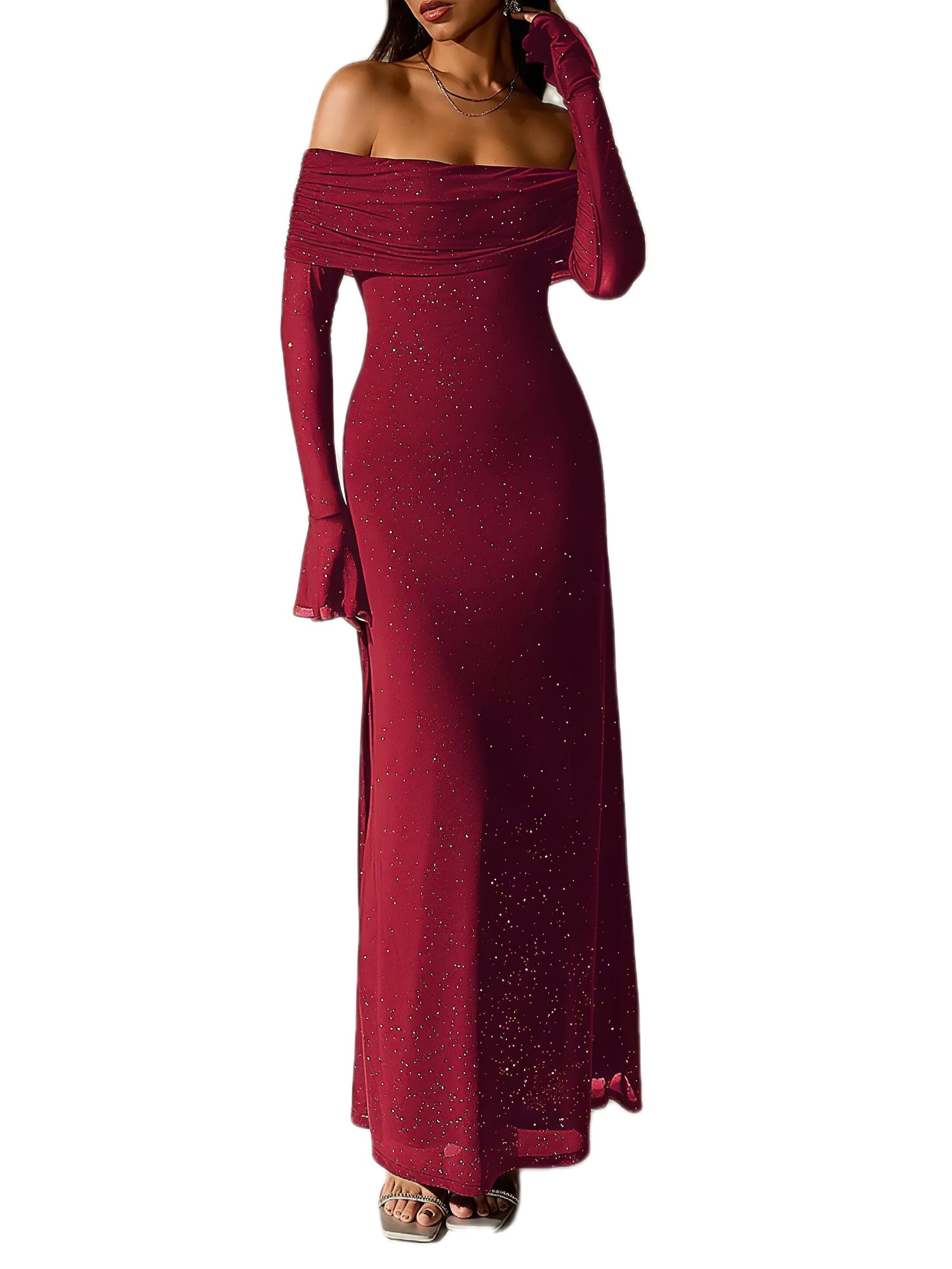 Glitter Off-Shoulder Maxi Dress