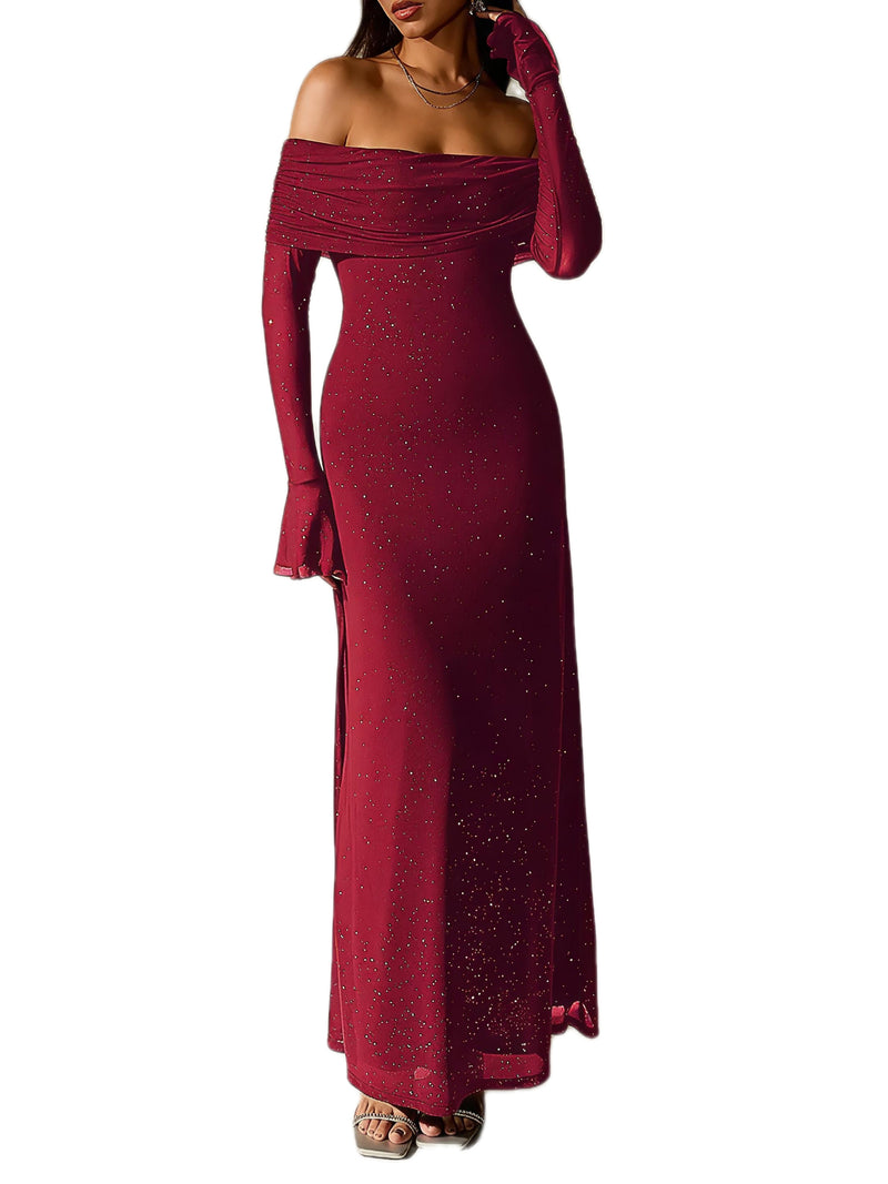 Glitter Off-Shoulder Maxi Dress