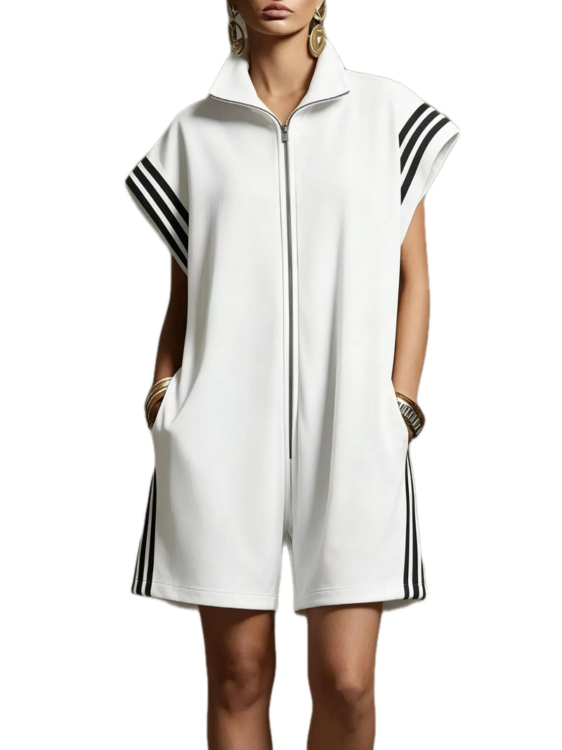 Striped Zip Front Short Sleeve Romper