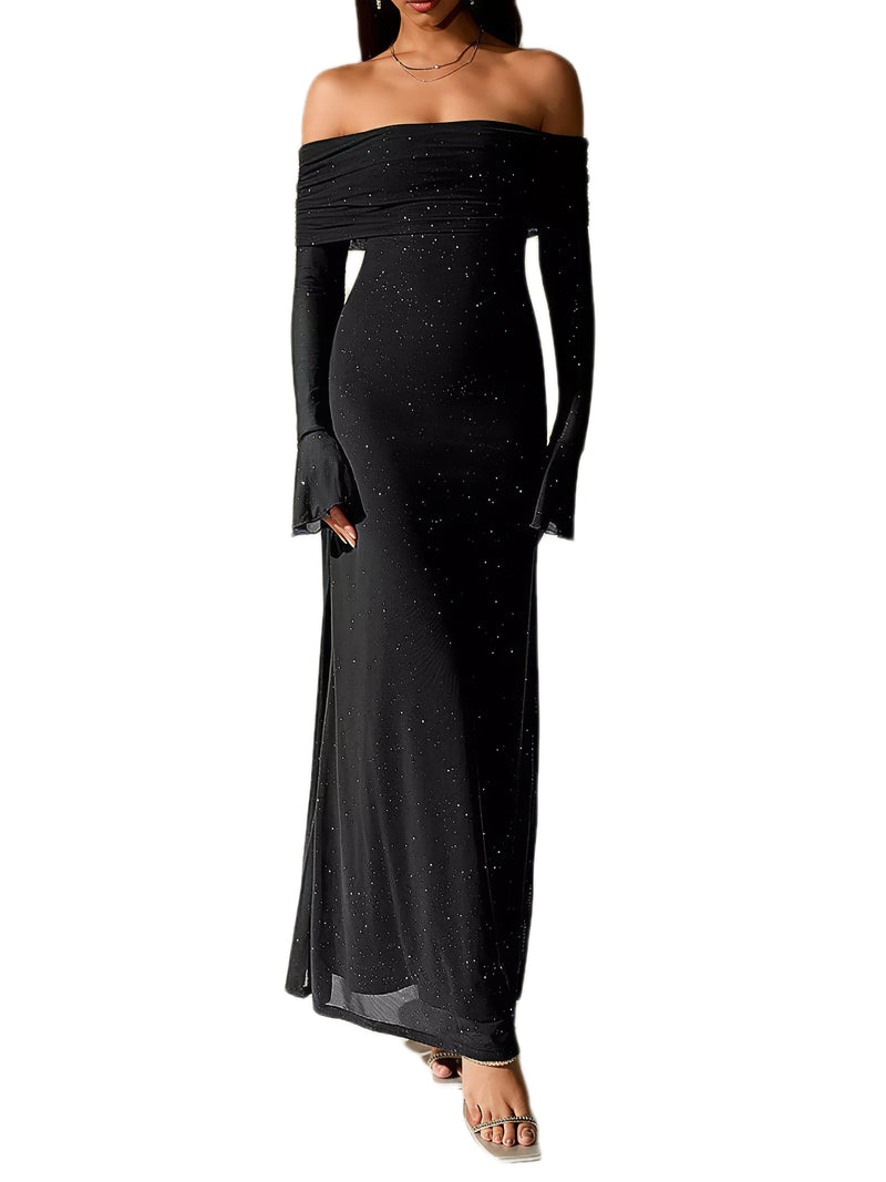 Glitter Off-Shoulder Maxi Dress