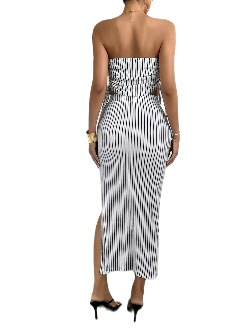 Striped Tube Top and Slit Skirt Set