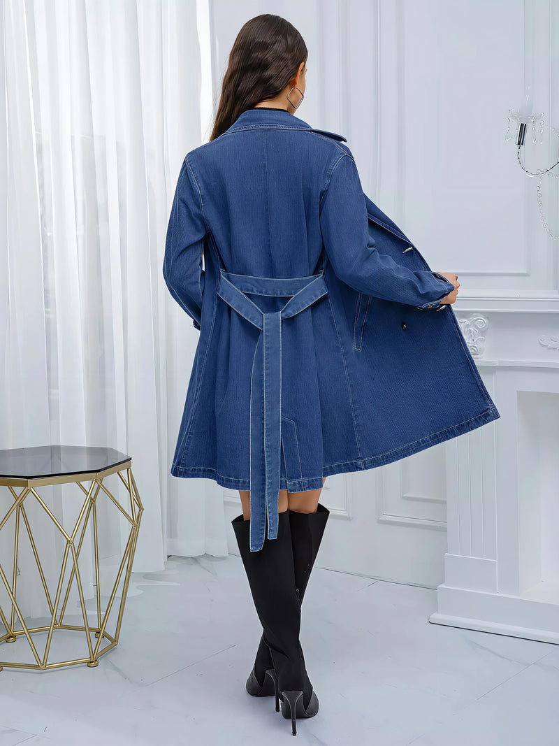 Belted Double-Breasted Denim Jacket