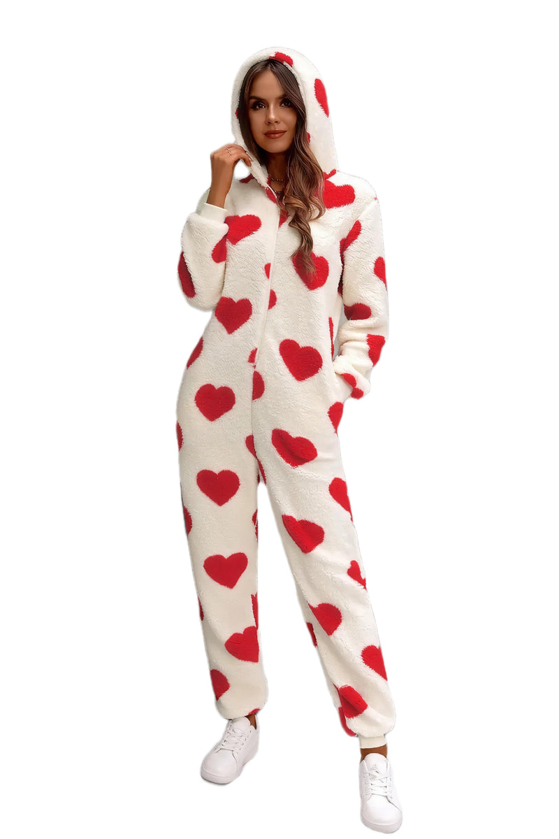 Fuzzy Heart Zip Up Hooded Lounge Jumpsuit