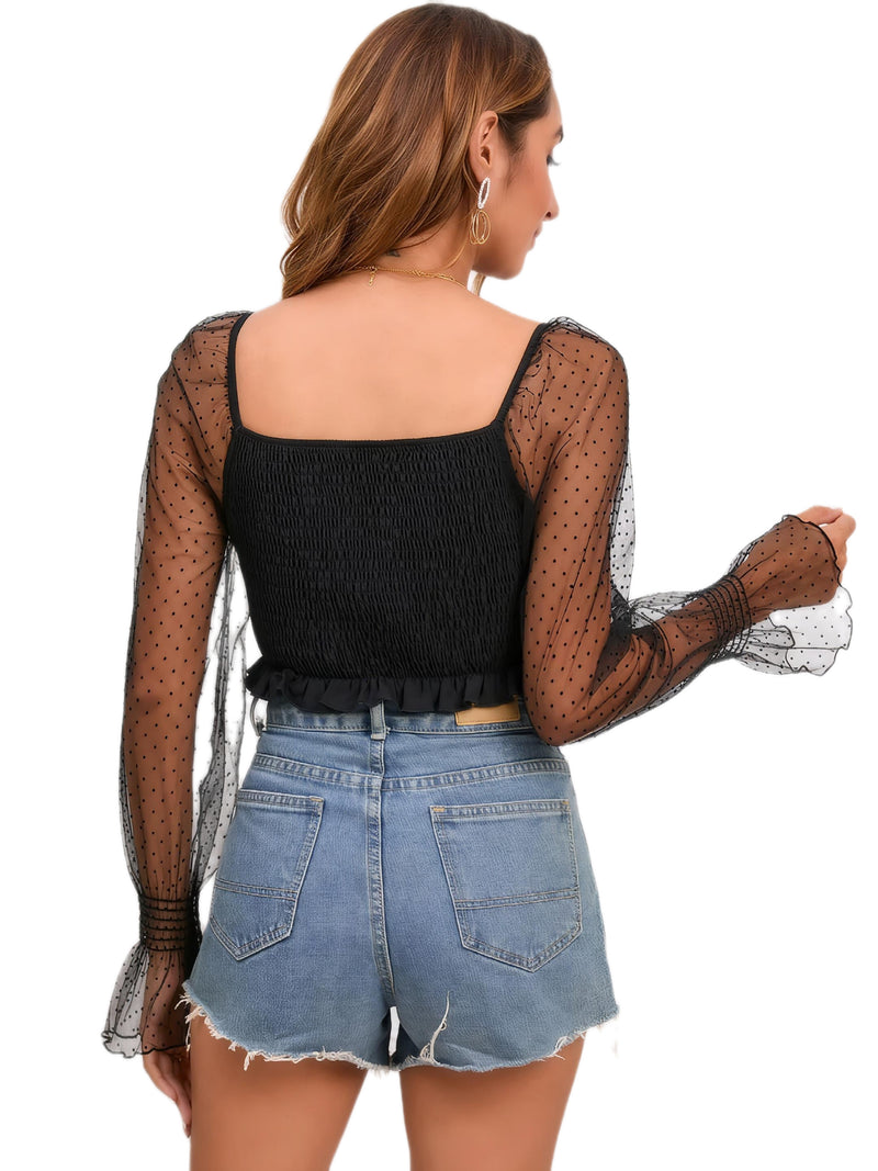 Drawstring Flounce Sleeve Cropped Top