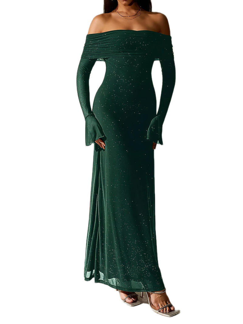 Glitter Off-Shoulder Maxi Dress