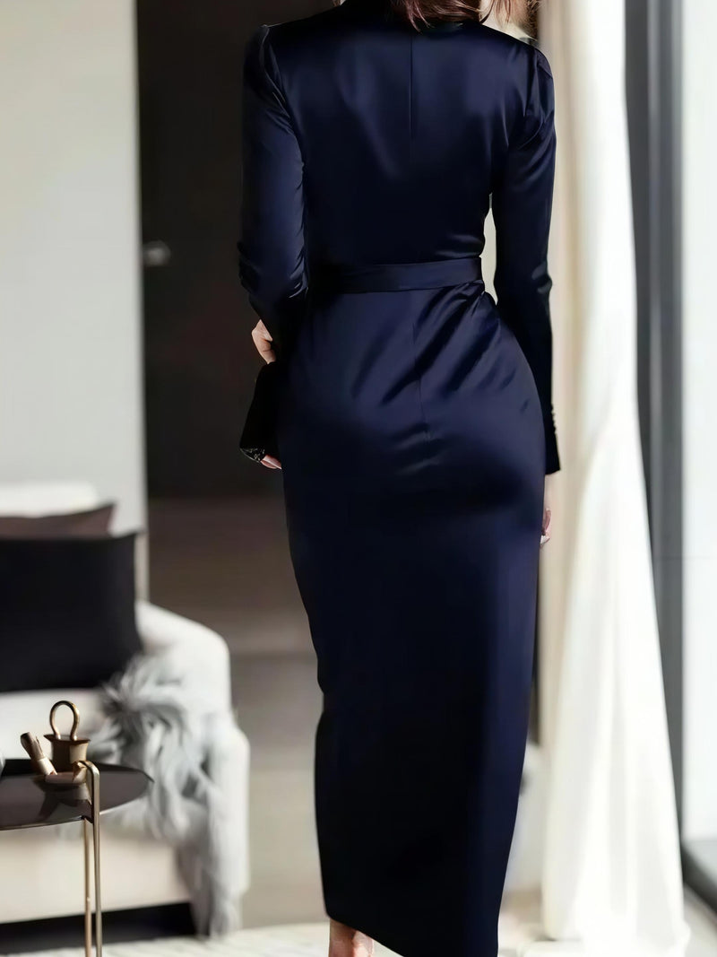 Satin Tie Waist Long Sleeve Dress