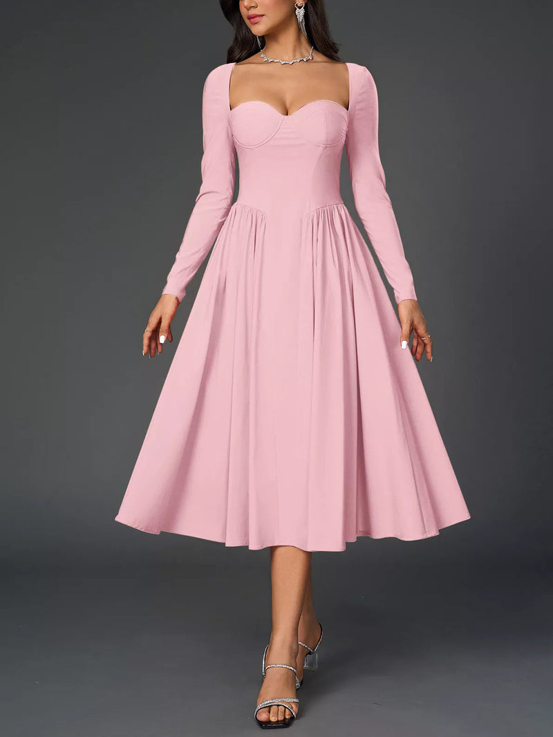 Sweetheart Neckline Long Sleeve A-Line Midi Dress