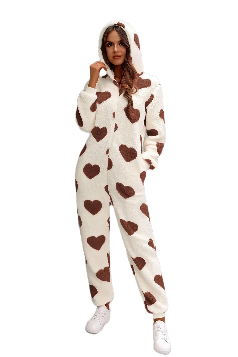 Fuzzy Heart Zip Up Hooded Lounge Jumpsuit