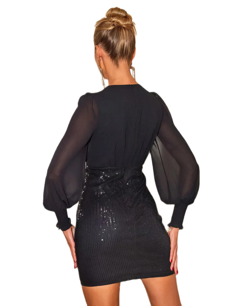 Sequin Surplice Lantern Sleeve Mini Dress