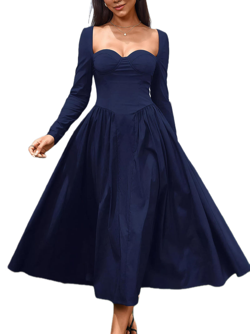Sweetheart Neckline Long Sleeve A-Line Midi Dress